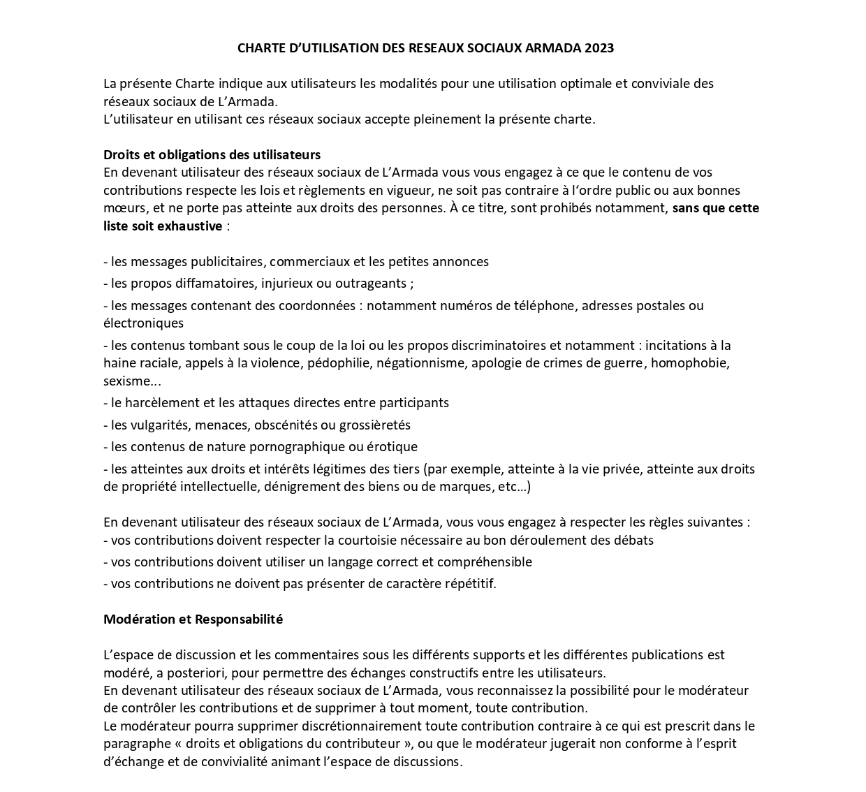 La Charte des Réseaux Sociaux de l'Armada